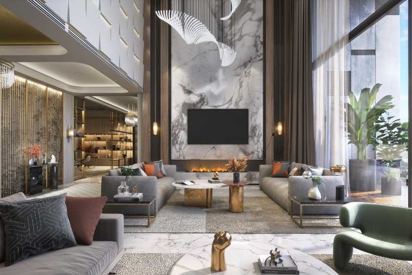 Cozy modern living room with white sofa, wooden coffee table, and abstract art on wall